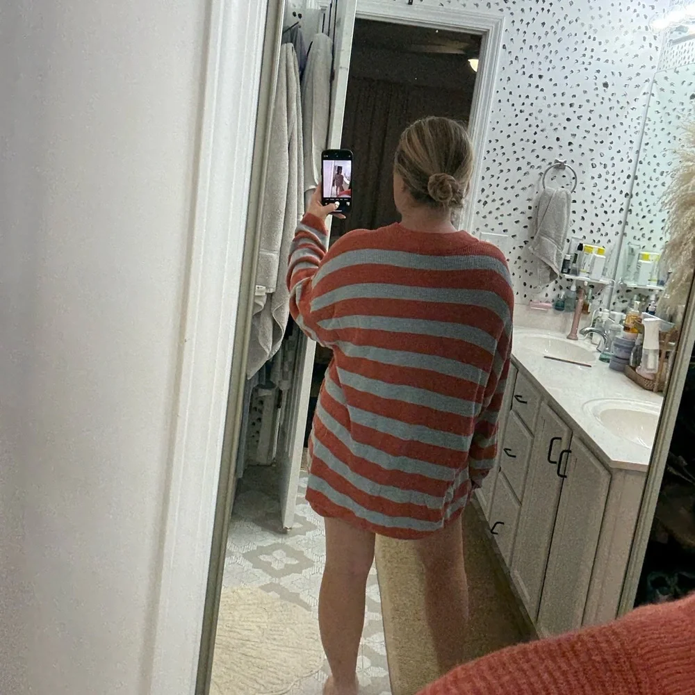 Free People Coral and Light Gray Striped Scoop Neck Sweater